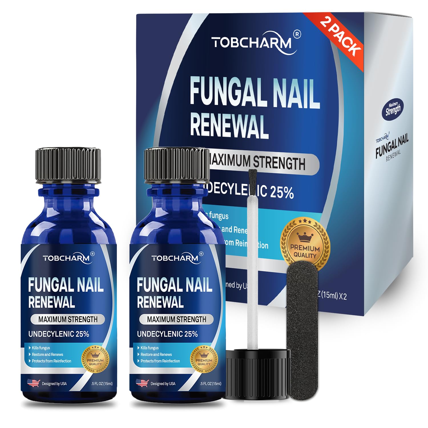 Tobcharm Toenail Fungus Treatment bottle demonstrates simple application for healthier-looking nails.