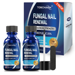 Tobcharm Toenail Fungus Treatment bottle demonstrates simple application for healthier-looking nails.