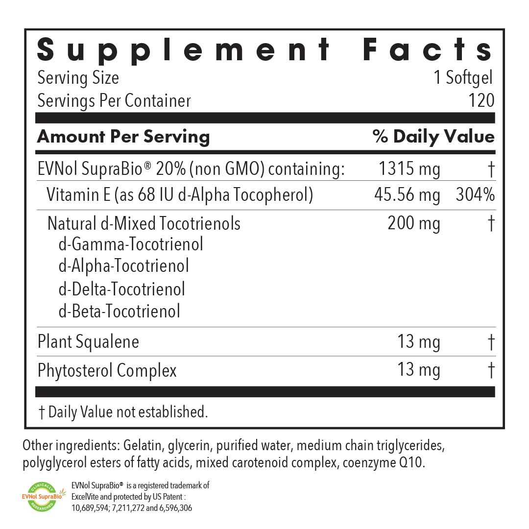 Back label view showing nutrition facts on Tocomin SupraBio tocotrienols bottle