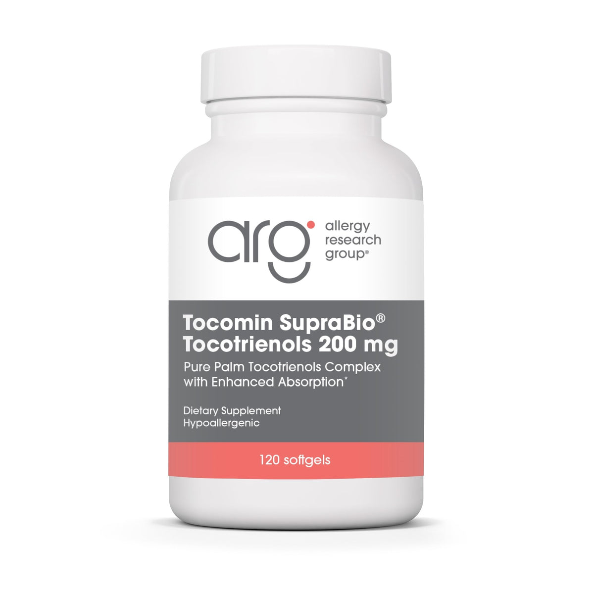 Front view of the Allergy Research Group Tocomin SupraBio Tocotrienols bottle (120 count)