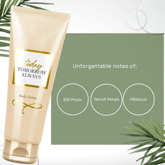 Today Tomorrow Always texture closeup highlights the lotion's rich, softening texture.