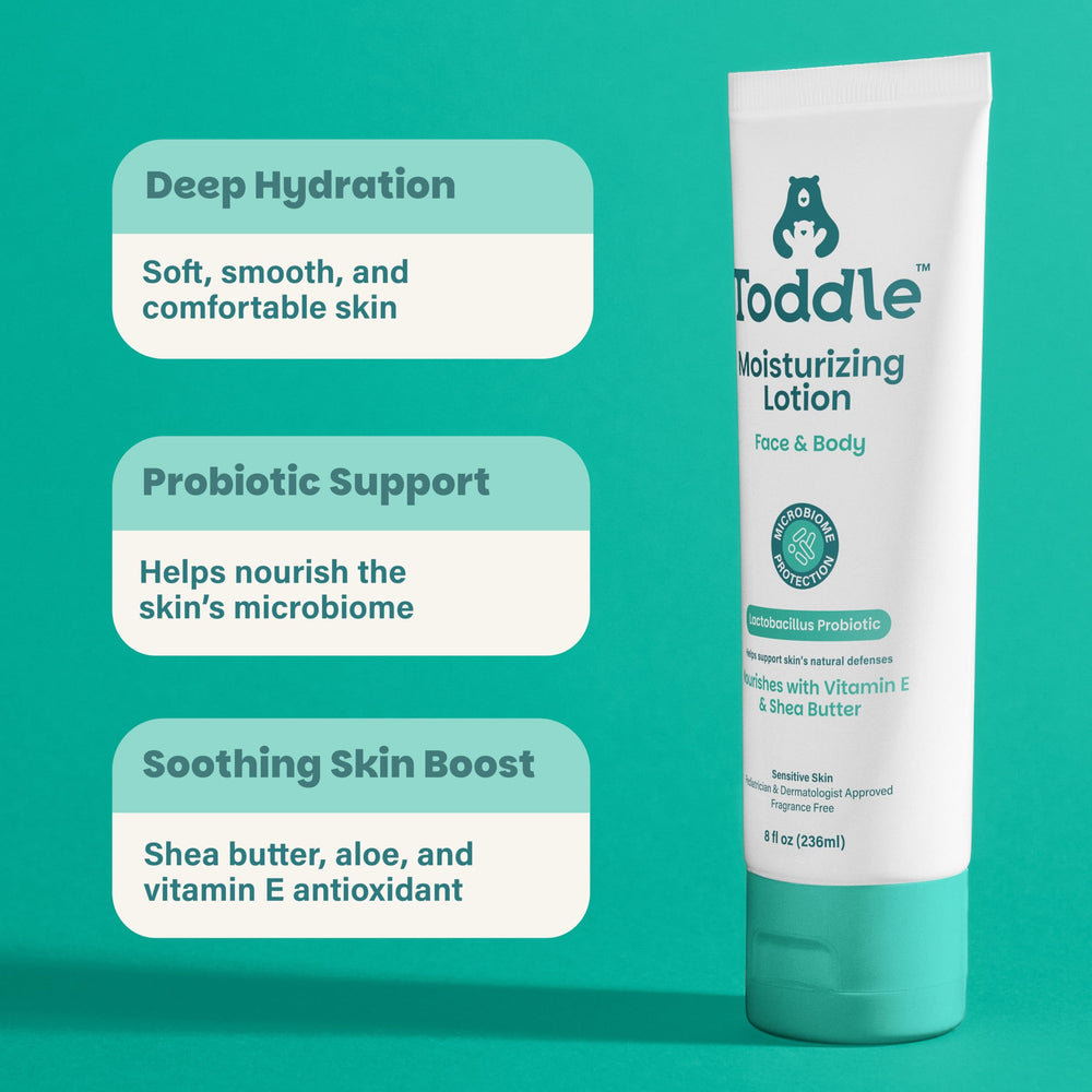 Toddle probiotic moisturizing lotion body cream close up showing creamy hydration for dry skin