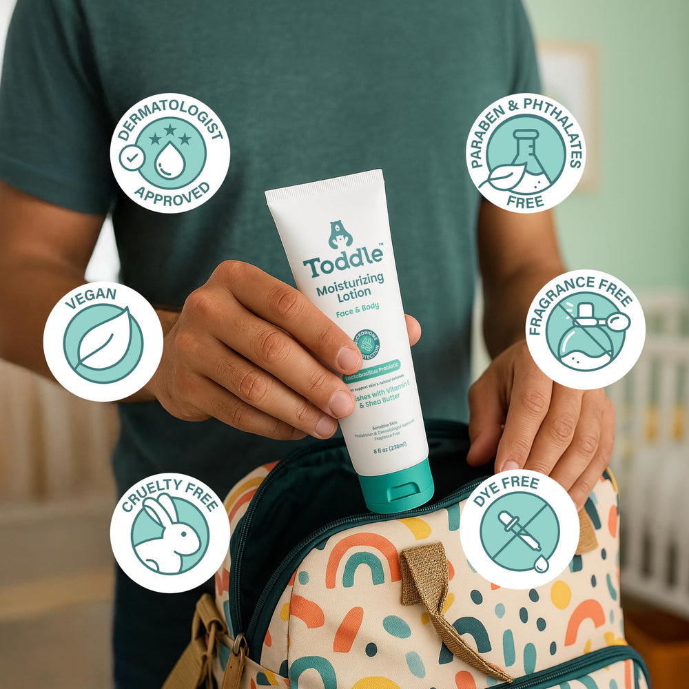 Toddle probiotic moisturizing lotion eczema care use demonstrates gentle daily care
