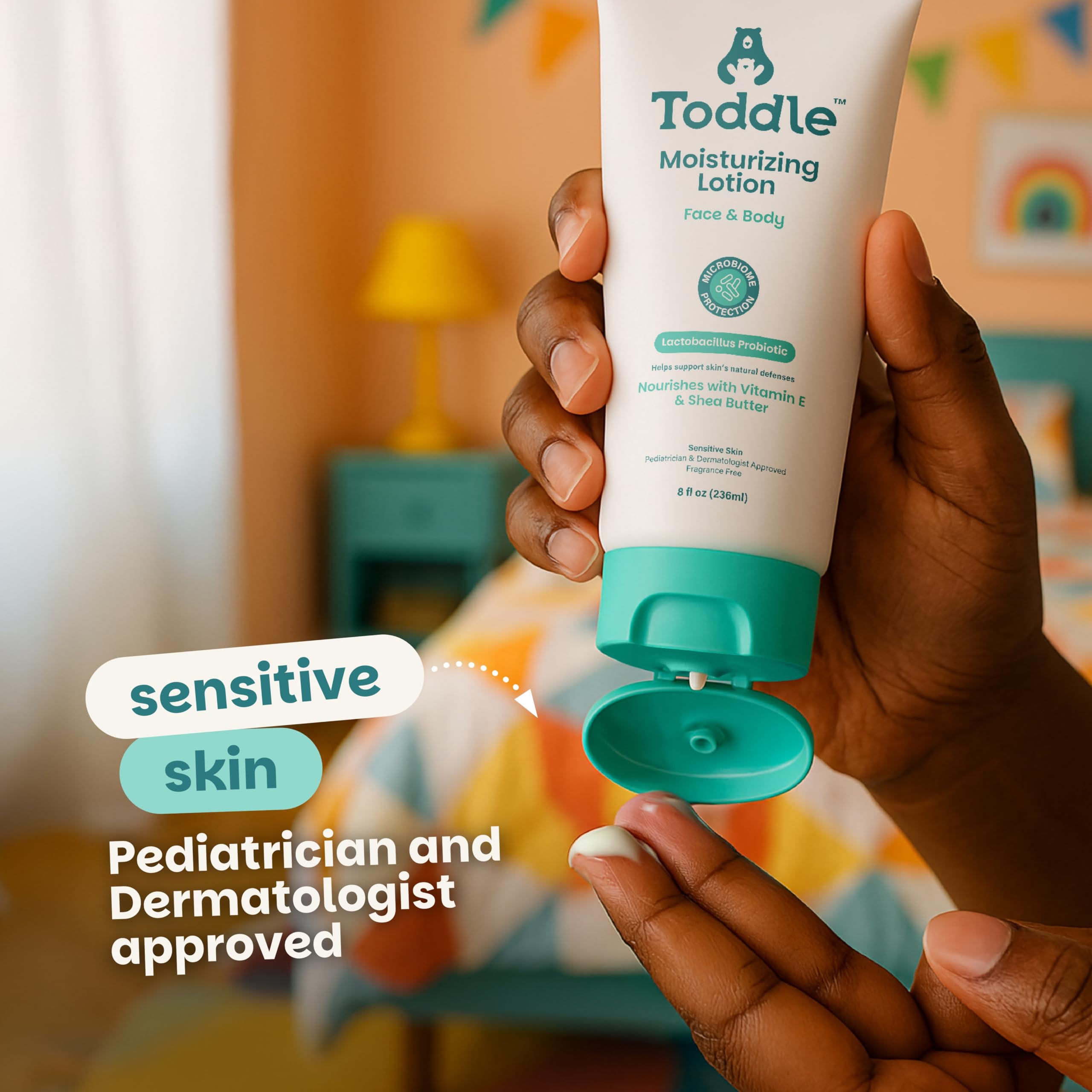 Toddle probiotic moisturizing lotion vitamin E close up emphasizes nourishment for skin