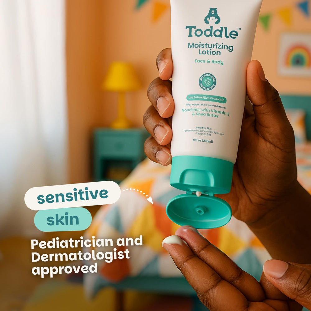 Toddle probiotic moisturizing lotion vitamin E close up emphasizes nourishment for skin