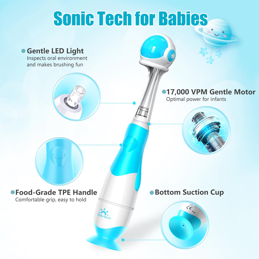 Blue astronaut suction base of toddler toothbrush on table