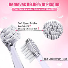 Pink toddler toothbrush showing four brush heads