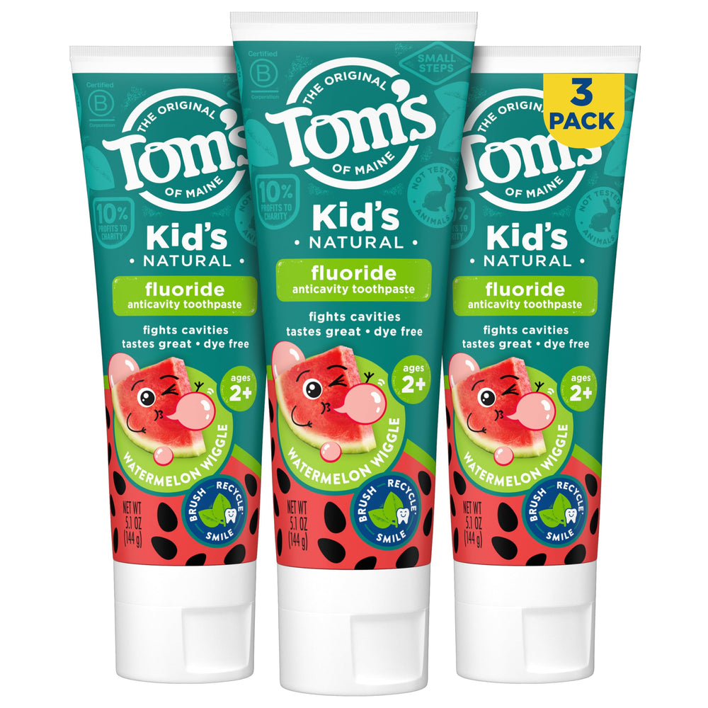 Three 5.1-ounce tubes of Tom's of Maine Watermelon Wiggle Kids Toothpaste