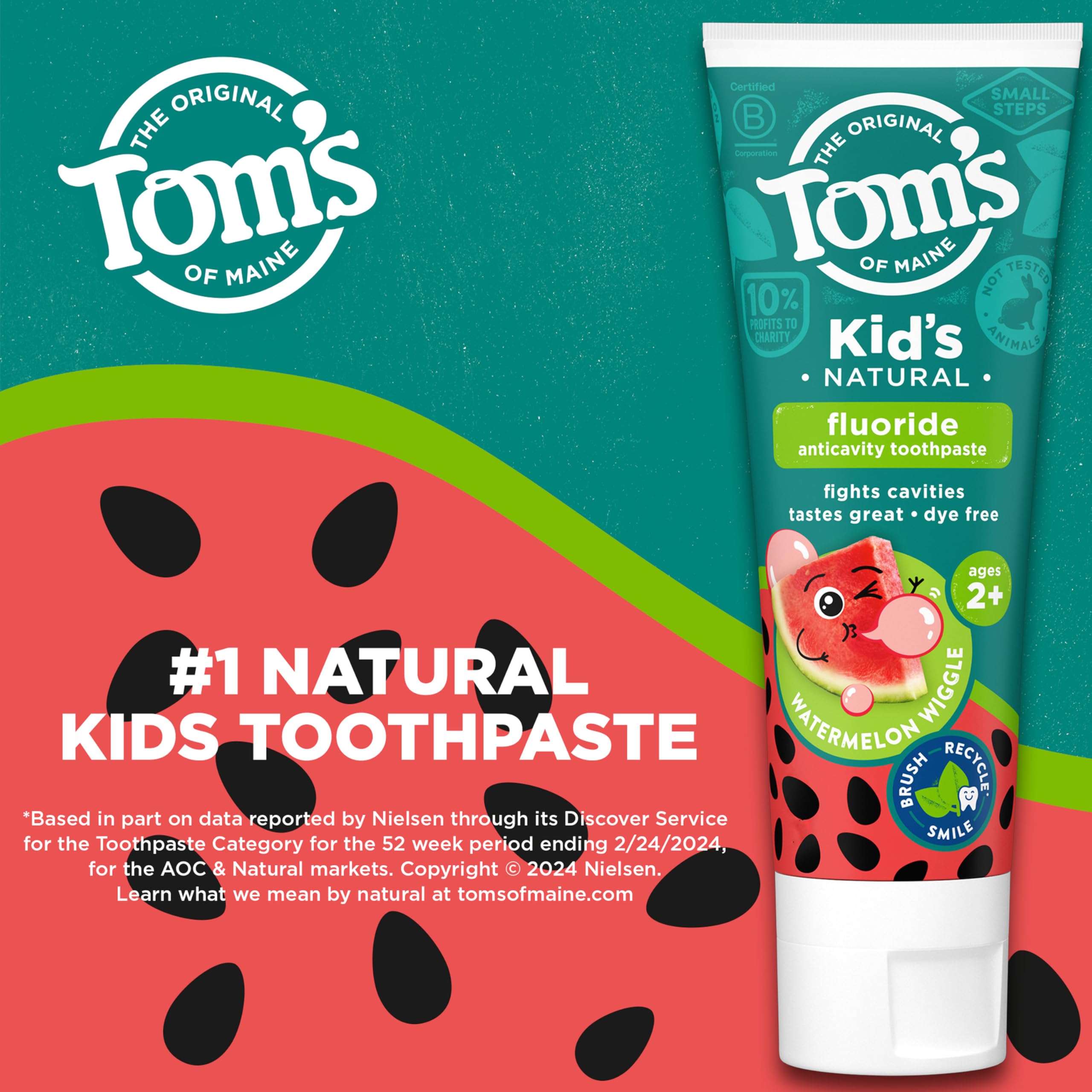 Close-up of Tom's of Maine Watermelon Wiggle toothpaste tubes