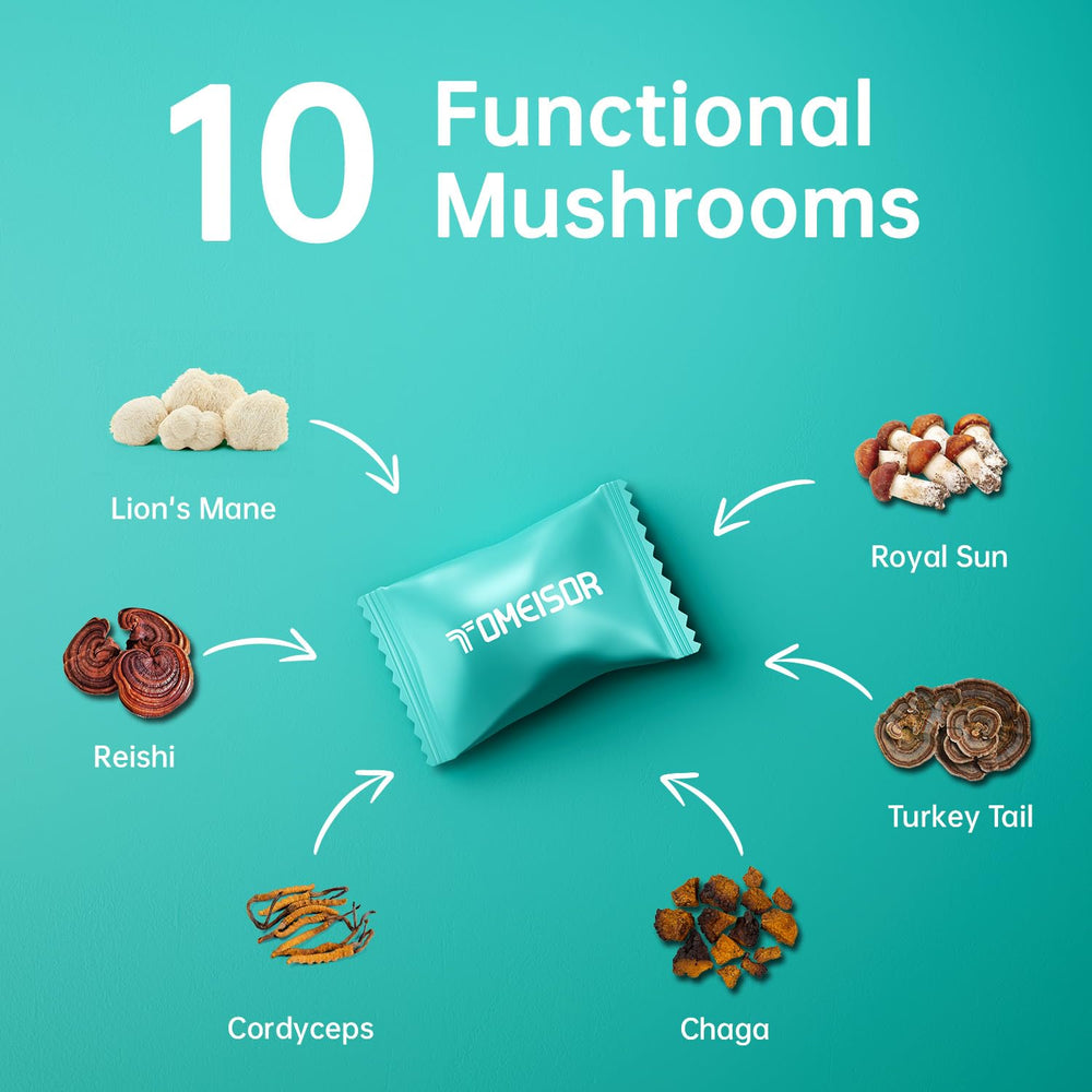 Assorted mushroom gummies including Reishi Cordyceps Chaga