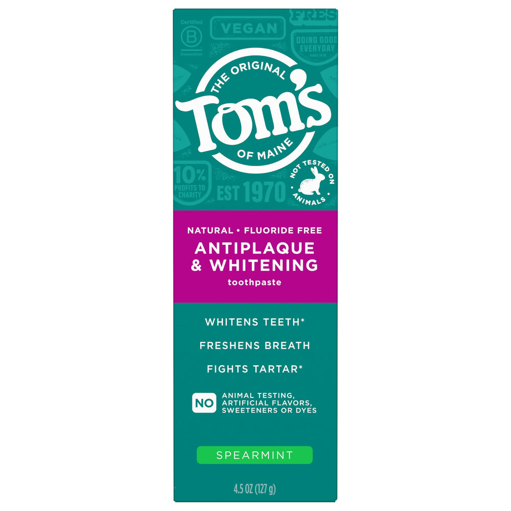 Tom’s of Maine Antiplaque and Whitening 3-pack displayed on a bathroom counter
