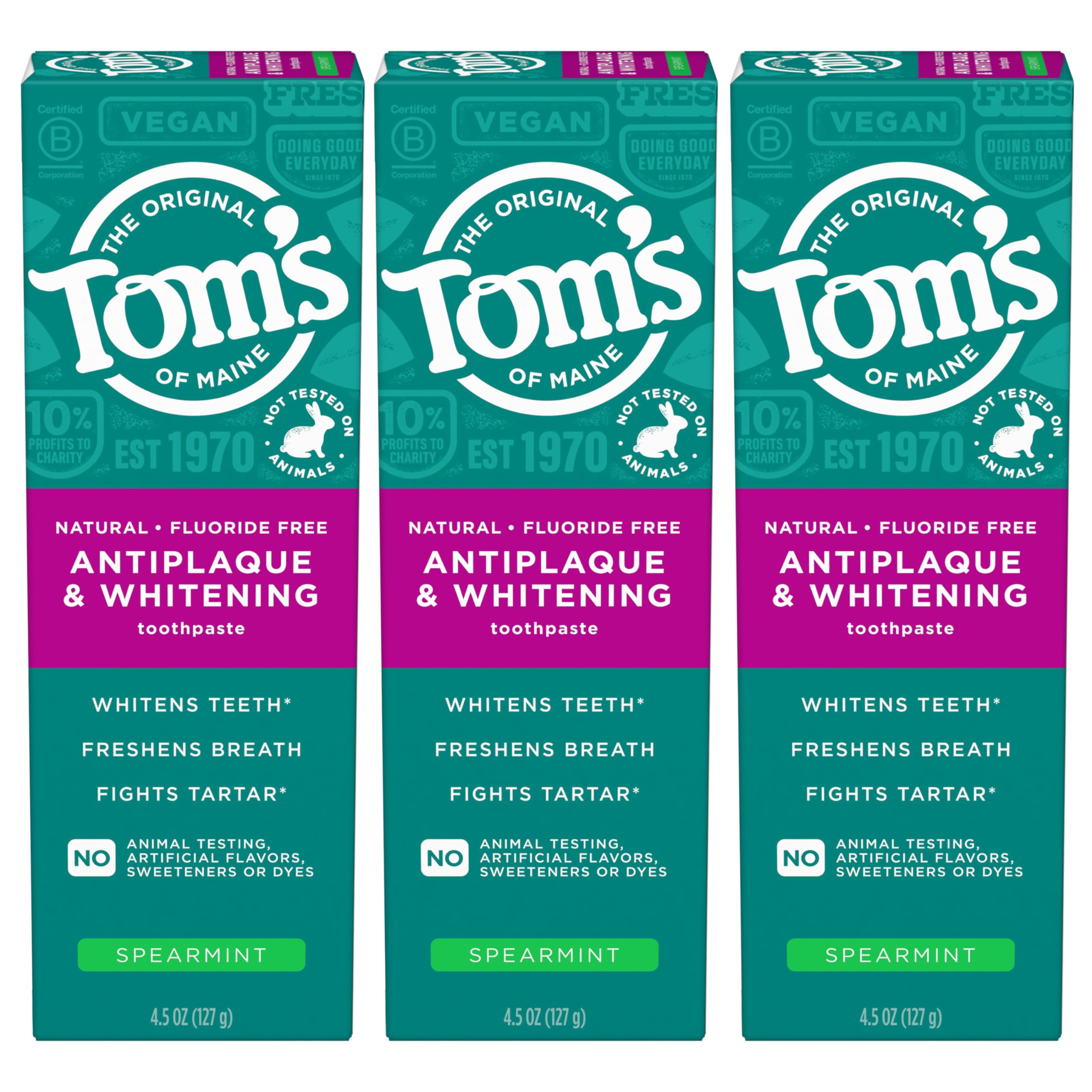 Front view of Tom’s of Maine Antiplaque and Whitening Fluoride Free Toothpaste Spearmint 3-Pack