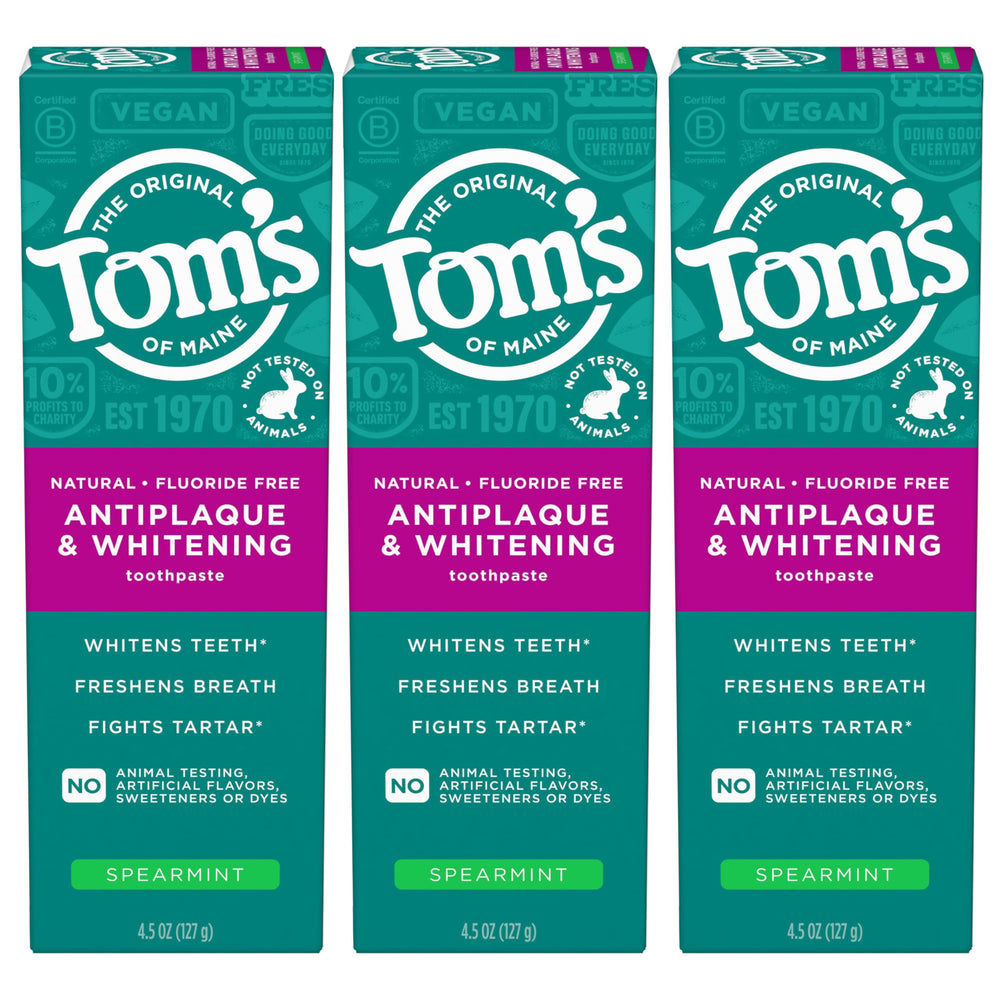 Front view of Tom’s of Maine Antiplaque and Whitening Fluoride Free Toothpaste Spearmint 3-Pack