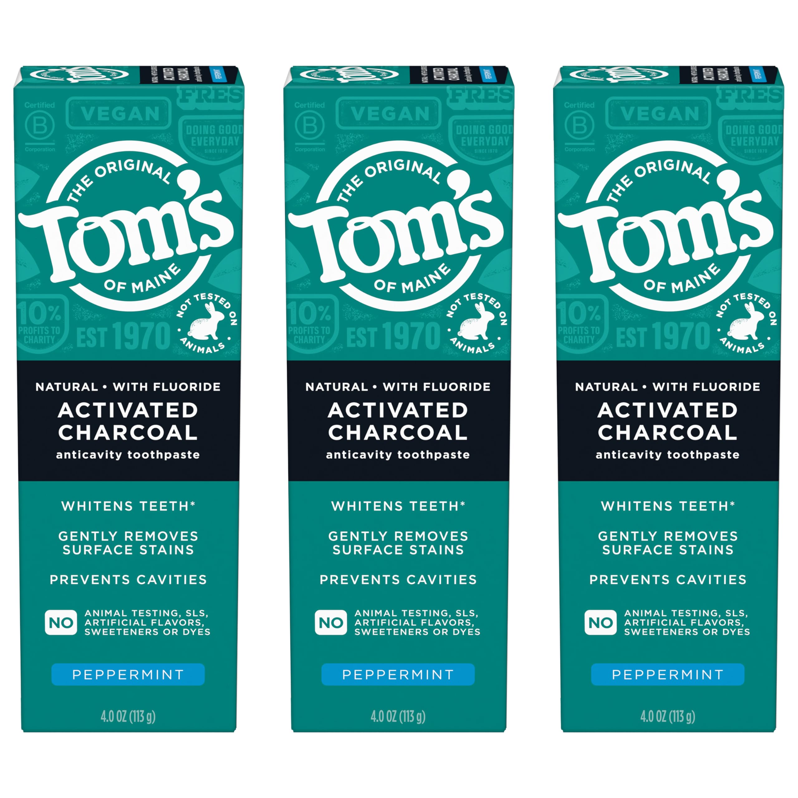 Front view of Tom’s of Maine Natural Activated Charcoal Toothpaste 3-pack