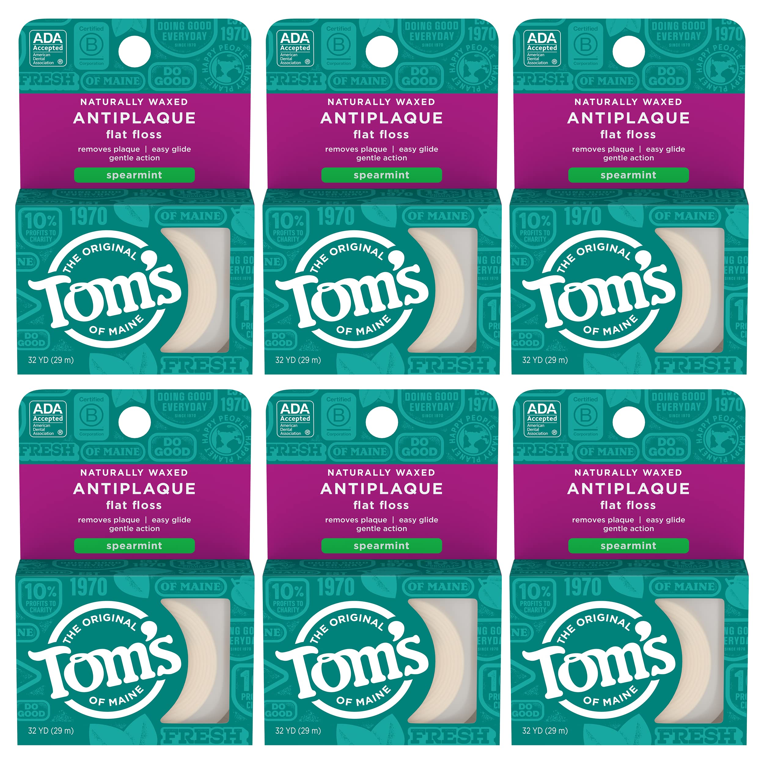 Tom's of Maine Spearmint Waxed Antiplaque Floss packaging and six 32-yard packs