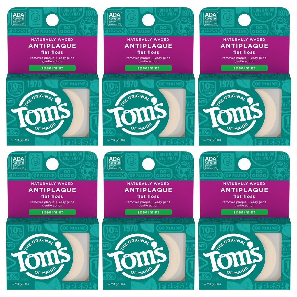 Tom's of Maine Spearmint Waxed Antiplaque Floss packaging and six 32-yard packs
