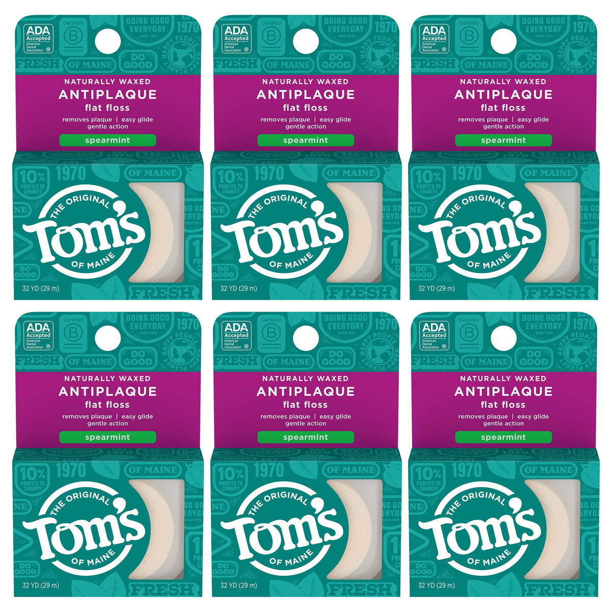 Tom's of Maine Spearmint Waxed Antiplaque Floss packaging and six 32-yard packs