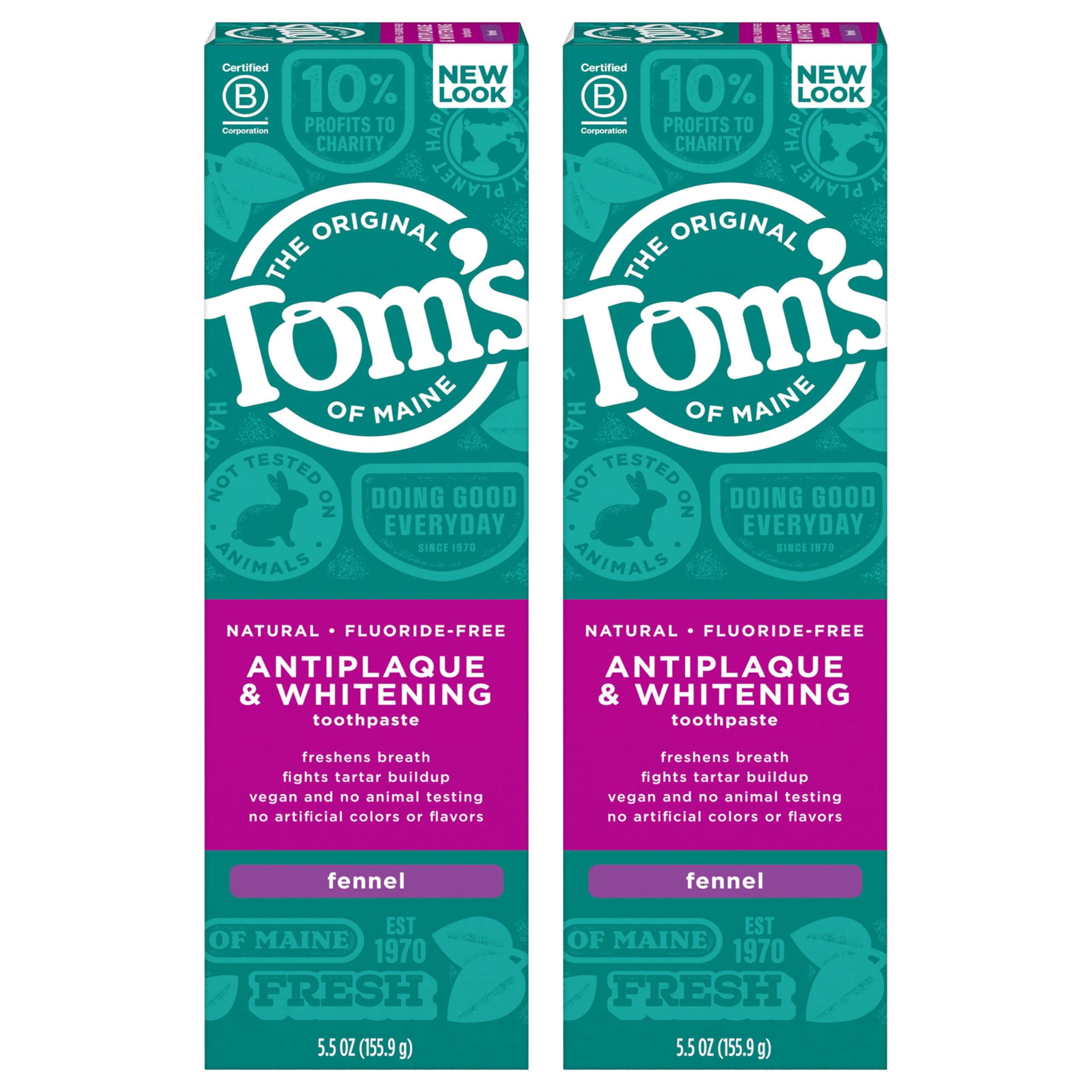 Two 5.5 oz tubes of Tom's of Maine Fluoride-Free Antiplaque & Whitening Toothpaste in Fennel flavor front view