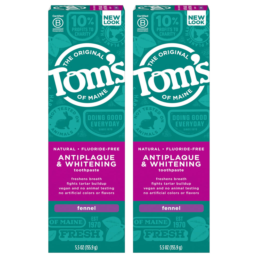 Two 5.5 oz tubes of Tom's of Maine Fluoride-Free Antiplaque & Whitening Toothpaste in Fennel flavor front view