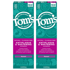 Two 5.5 oz tubes of Tom's of Maine Fluoride-Free Antiplaque & Whitening Toothpaste in Fennel flavor front view