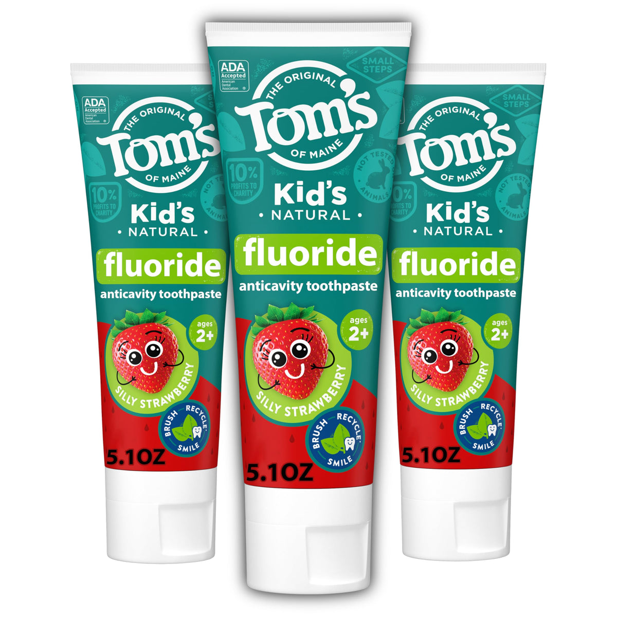 Three 5.1-ounce tubes of Tom's of Maine Kids Fluoride Toothpaste in Silly Strawberry flavor (front view).