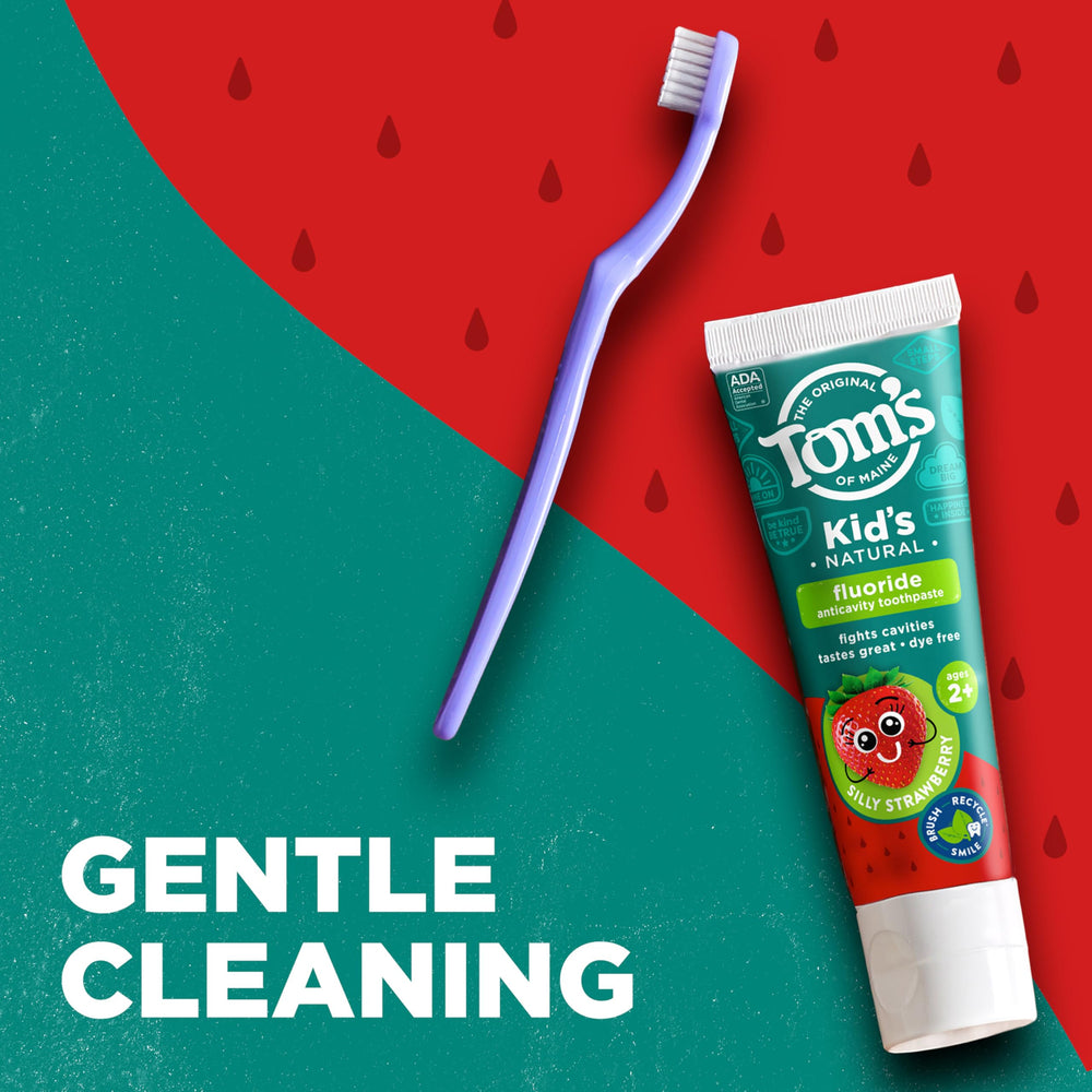 Close-up of the toothpaste label on a Silly Strawberry tube.