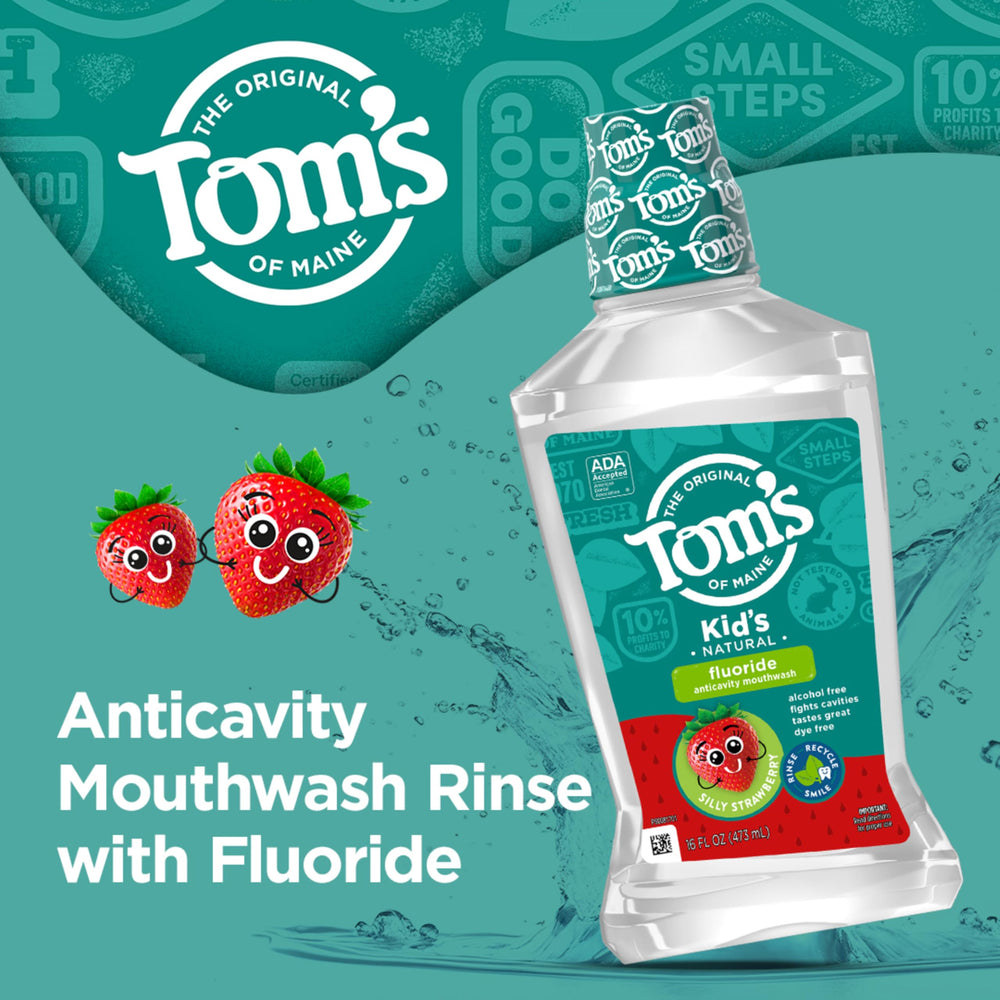 Back label of Tom's of Maine Silly Strawberry mouthwash bottle
