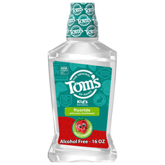 Front view of Tom's of Maine Children's Silly Strawberry Mouthwash 16 oz bottle, pack of six