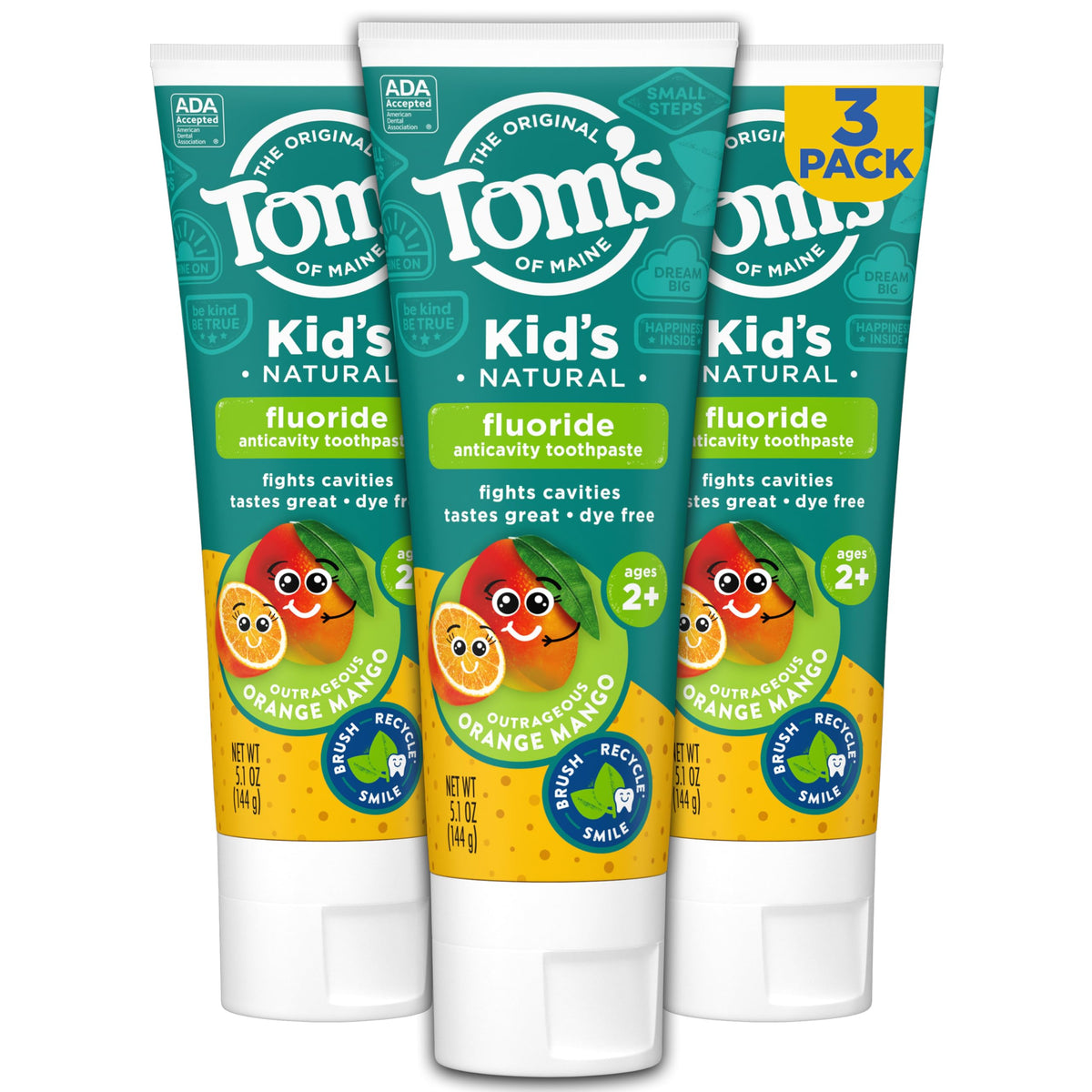 Front view of Tom's of Maine Kids Orange Mango 3-pack toothpaste packaging
