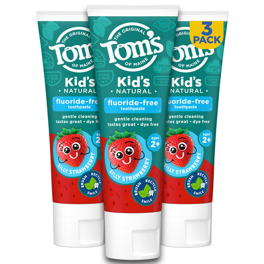 Three 5.1-ounce tubes of Tom's of Maine Kids Fluoride-Free Toothpaste in Silly Strawberry flavor