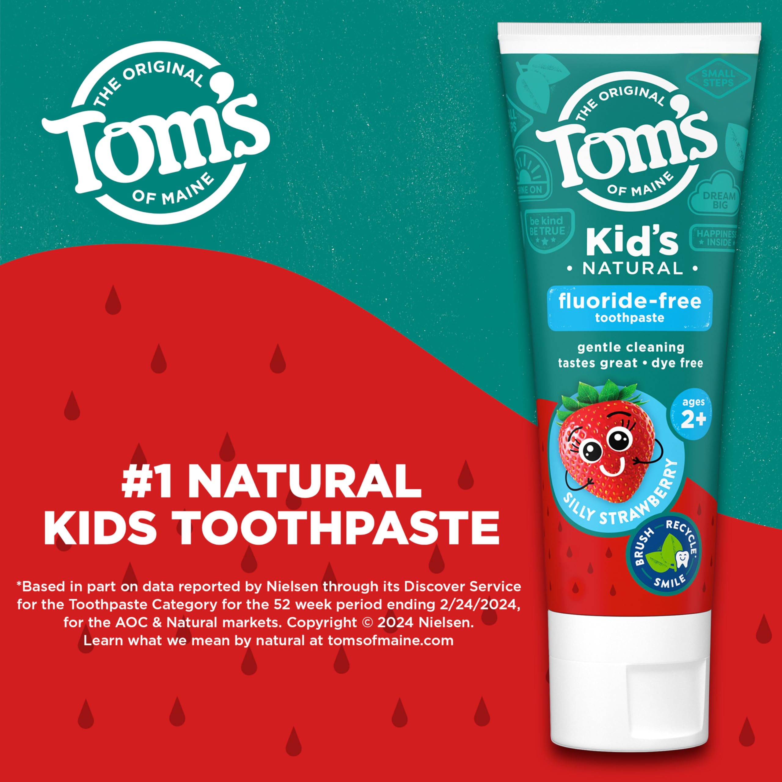 Close-up of Tom's of Maine Kids Fluoride-Free Toothpaste tubes in Silly Strawberry flavor