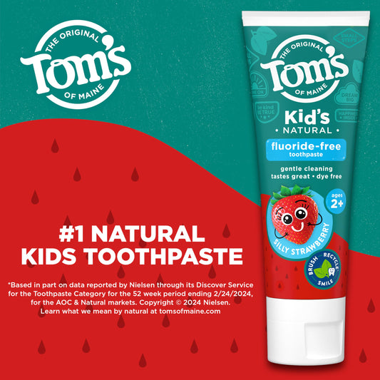 Close-up of Tom's of Maine Kids Fluoride-Free Toothpaste tubes in Silly Strawberry flavor