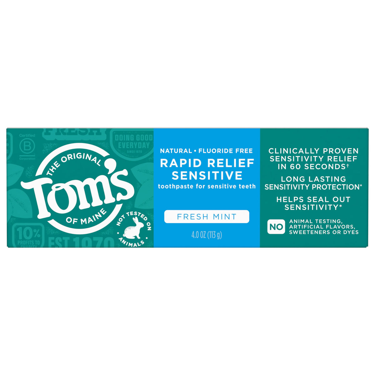 Front view of Tom's of Maine Rapid Relief Sensitive Toothpaste Fresh Mint 4 oz tube