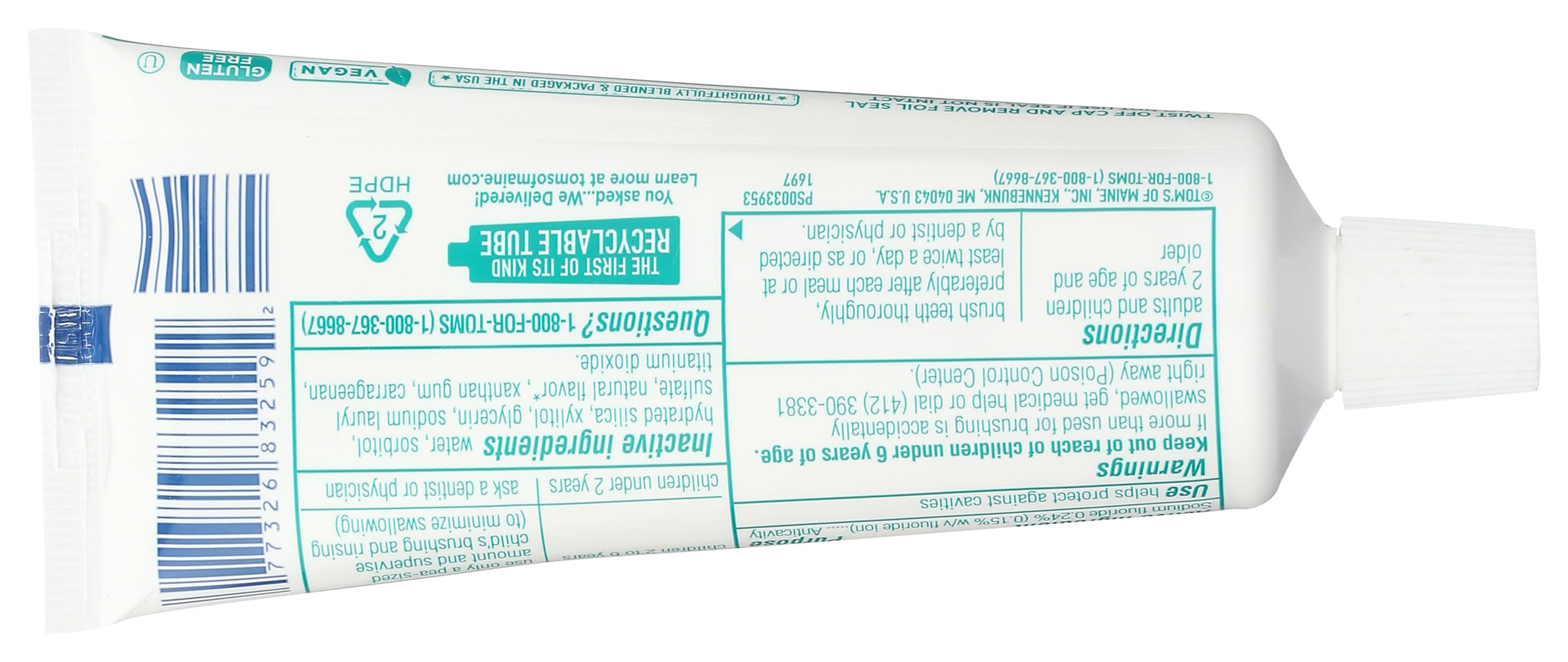 Close-up of Tom's of Maine Fresh Mint toothpaste label on 3 oz tube