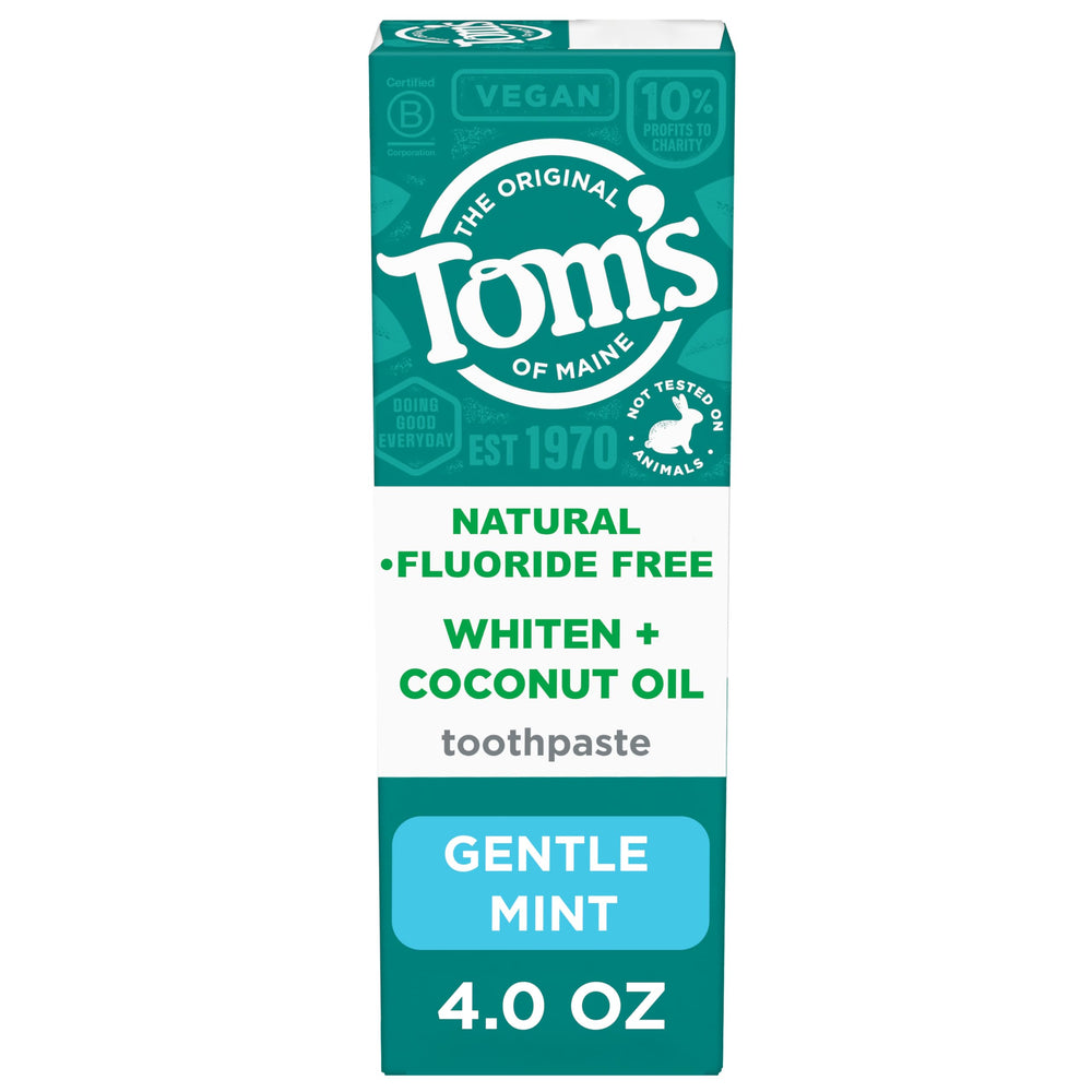 Front view of Tom's of Maine Whiten Plus Coconut Oil Fluoride Free Toothpaste 4 oz