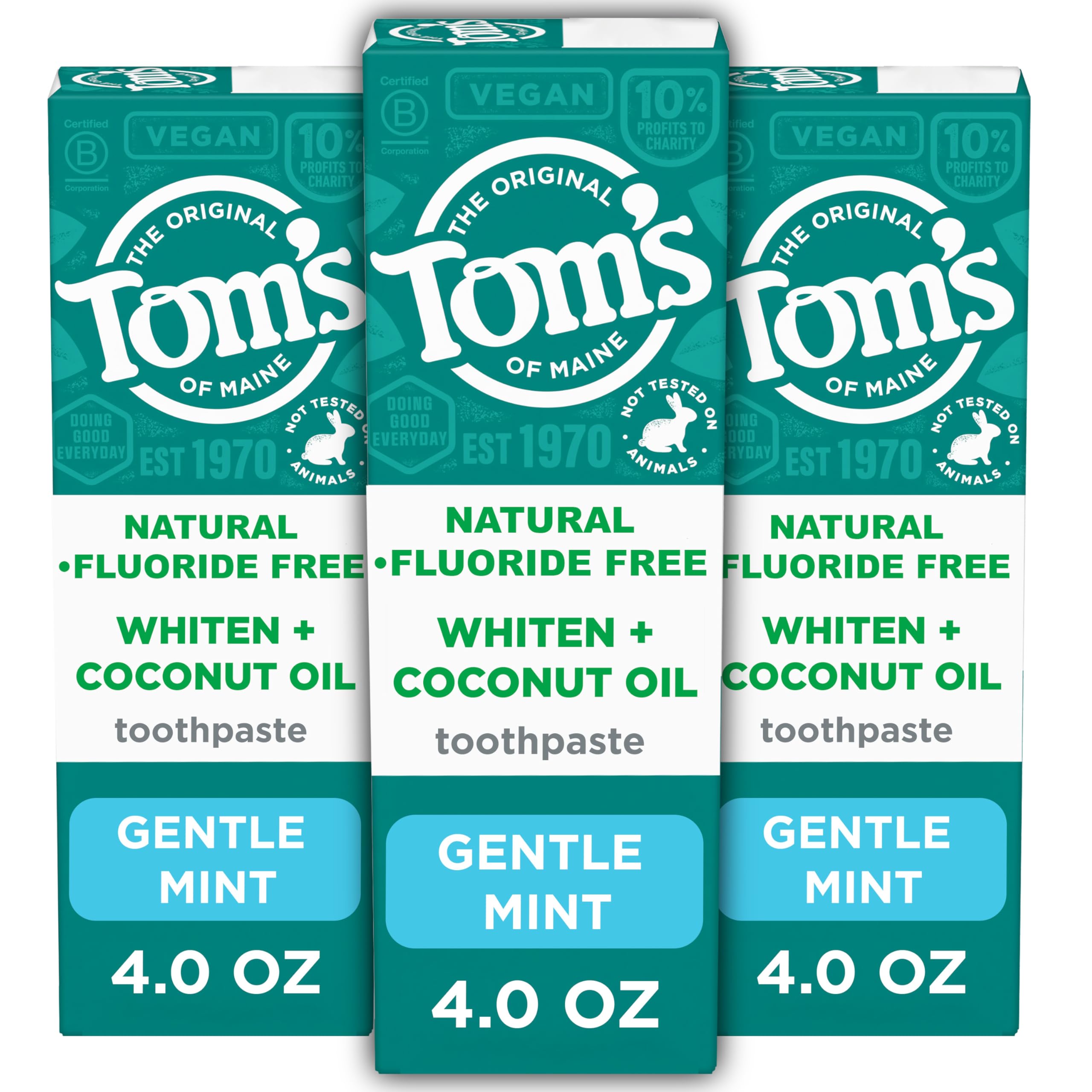 Three 4.0 oz tubes of Tom’s of Maine Whiten Plus Coconut Oil Fluoride Free Toothpaste, Gentle Mint