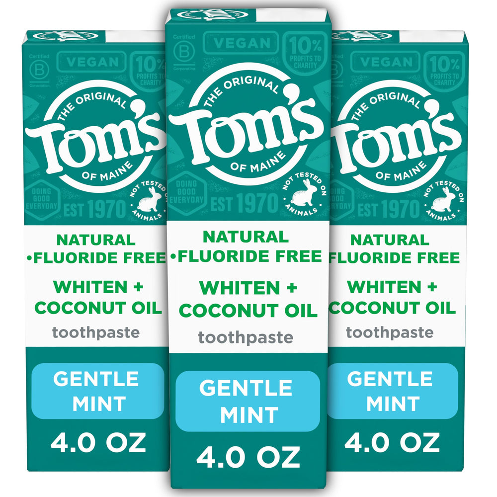 Three 4.0 oz tubes of Tom’s of Maine Whiten Plus Coconut Oil Fluoride Free Toothpaste, Gentle Mint