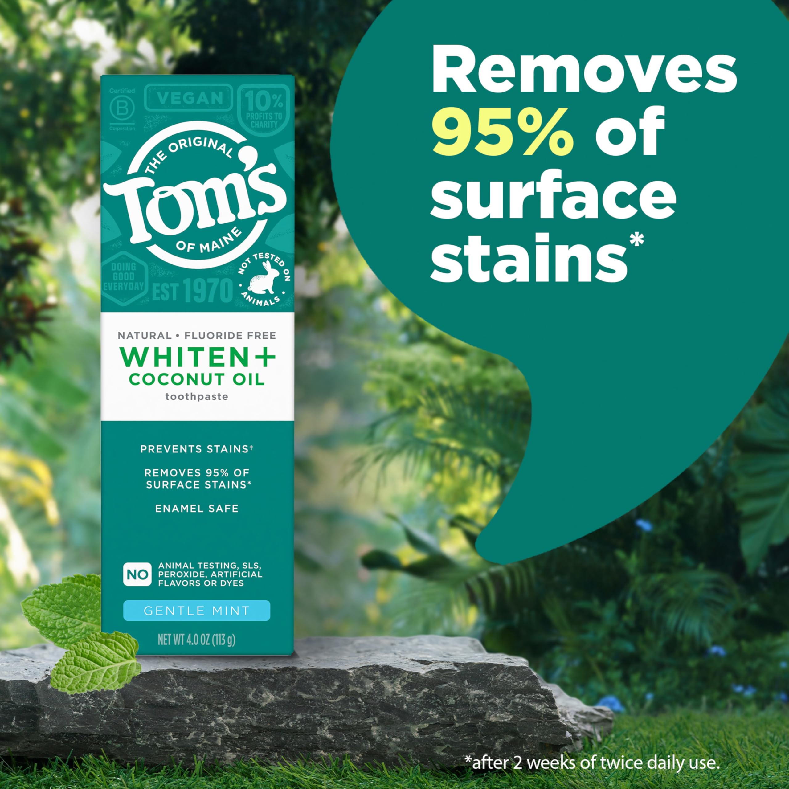 Label highlights coconut oil whitening formula and fluoride-free claim