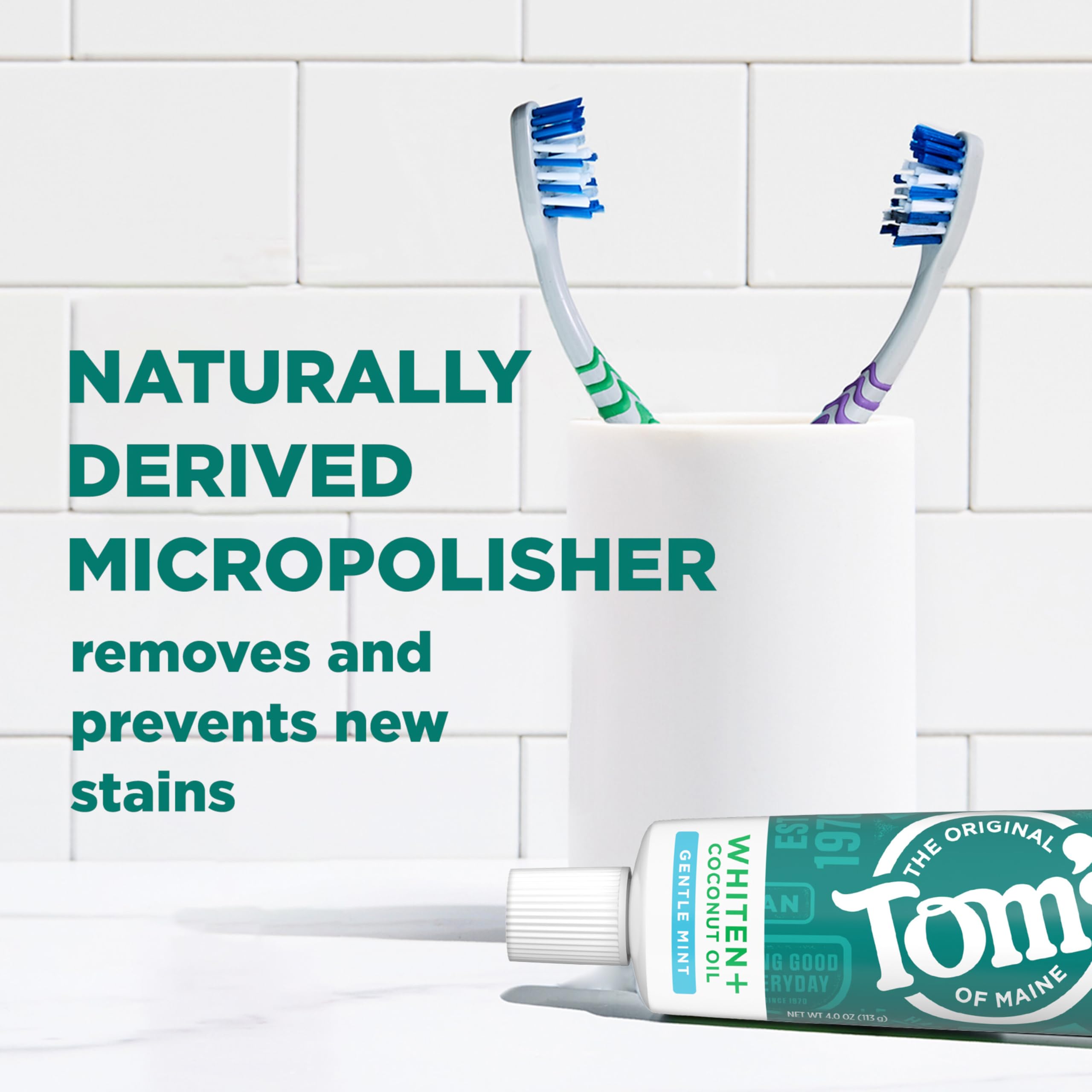 Three-pack of Tom’s of Maine Whiten Plus Coconut Oil toothpaste on a white surface