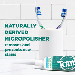 Three-pack of Tom’s of Maine Whiten Plus Coconut Oil toothpaste on a white surface