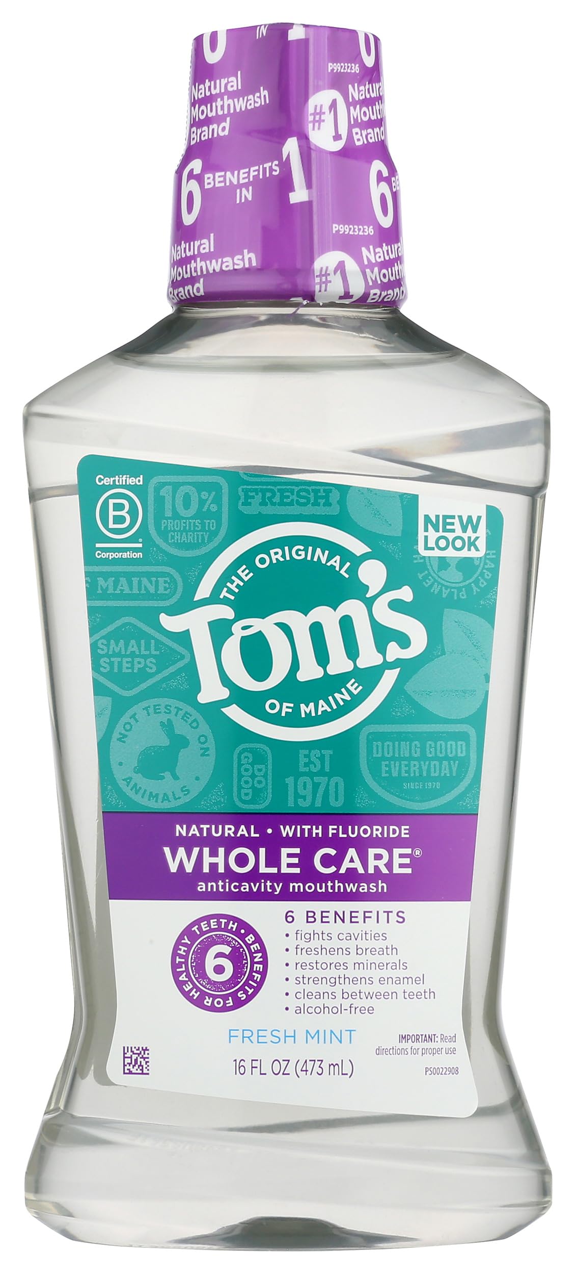 Tom's of Maine Whole Care Mouthwash Fresh Mint 16 oz bottle – front view