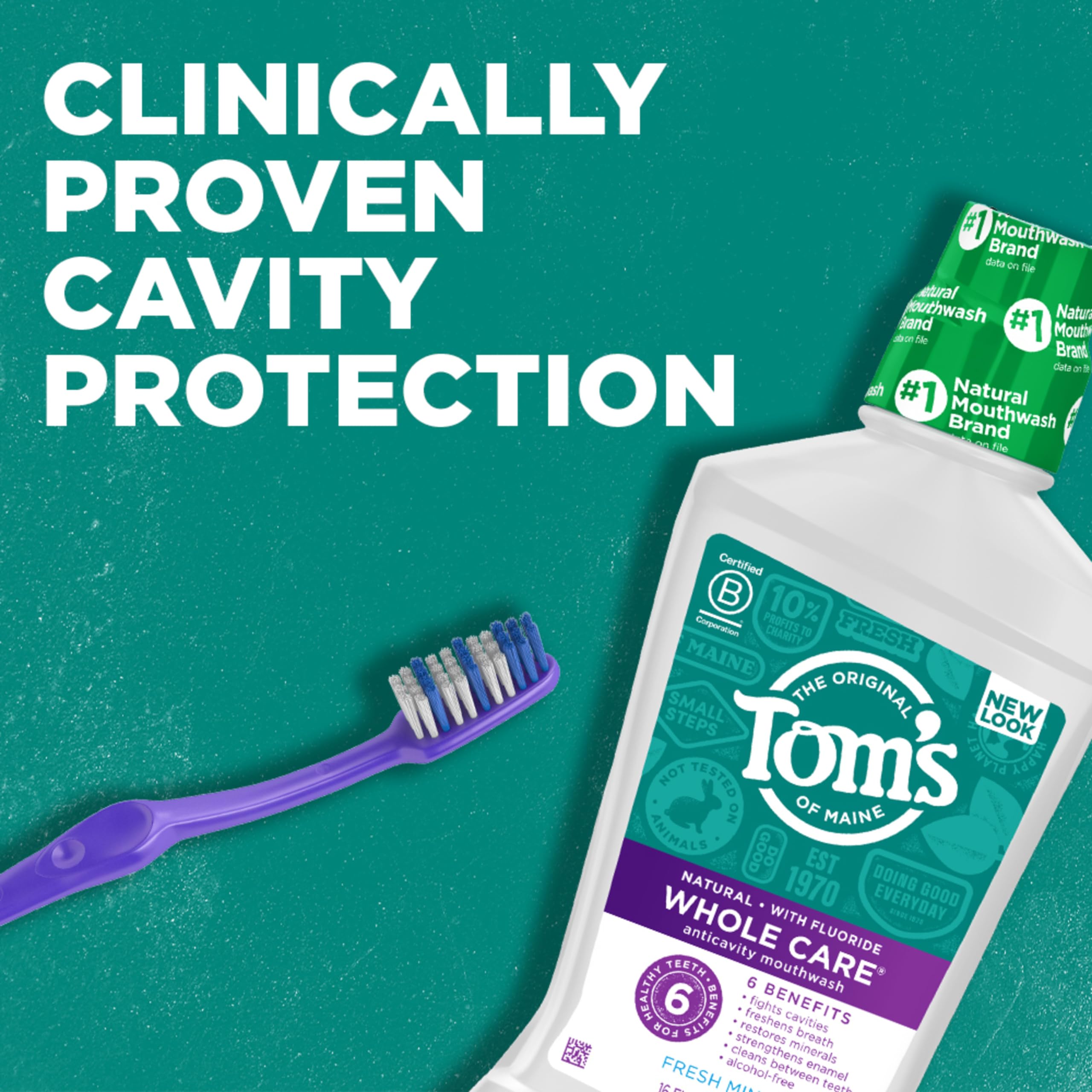 Close-up of Fresh Mint flavor text on Tom's of Maine Mouthwash label