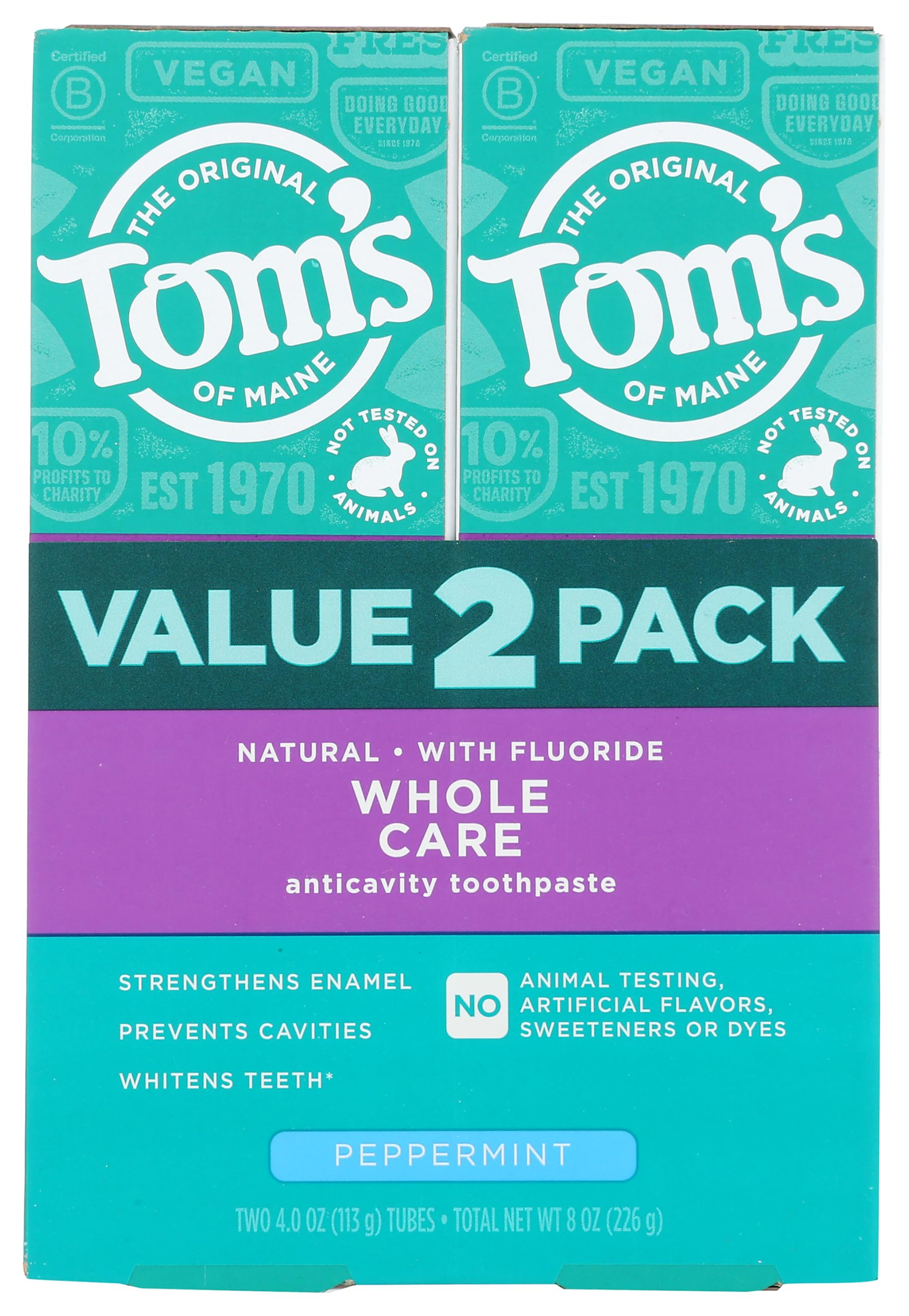 Front view of Tom's of Maine Whole Care Peppermint toothpaste two-pack