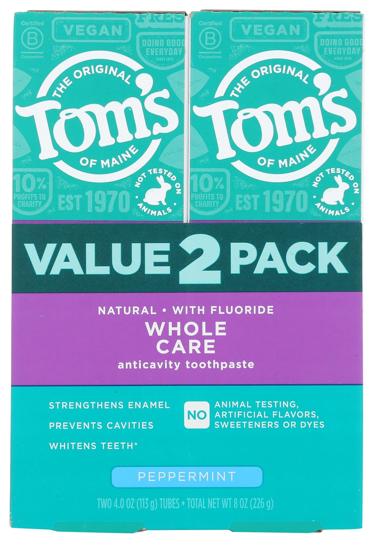 Front view of Tom's of Maine Whole Care Peppermint toothpaste two-pack