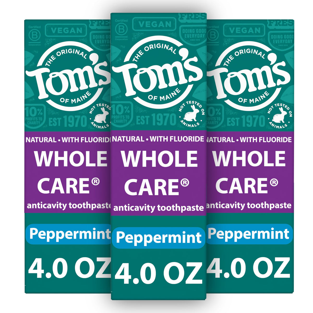 Tom's of Maine Whole Care Peppermint toothpaste 4 oz 3-pack front view