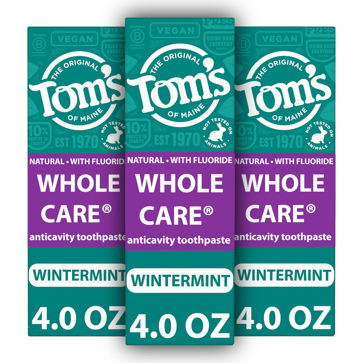 Front view of Tom's of Maine Whole Care Wintermint 3-pack toothpaste