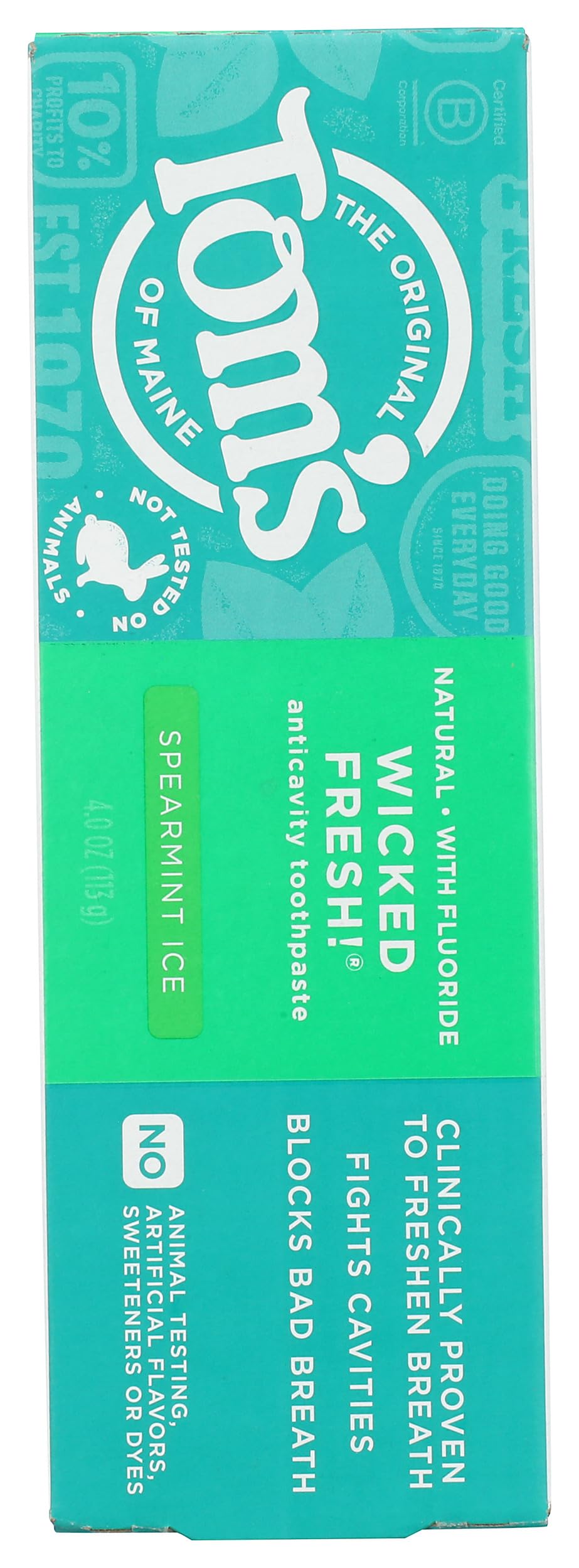 Back panel with benefits and ingredients of Toms of Maine toothpaste