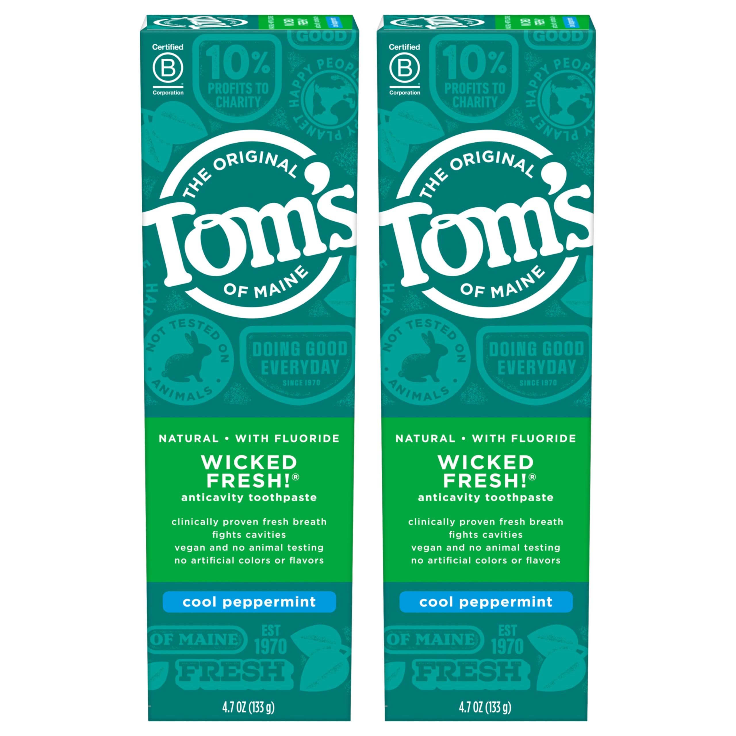 Two 4.7 oz tubes of Tom's of Maine Wicked Fresh Natural Fluoride Toothpaste in Cool Peppermint