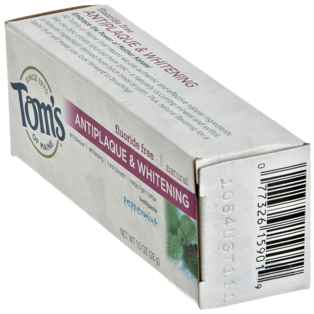 Close-up of Tom's of Maine Peppermint toothpaste travel tube with label