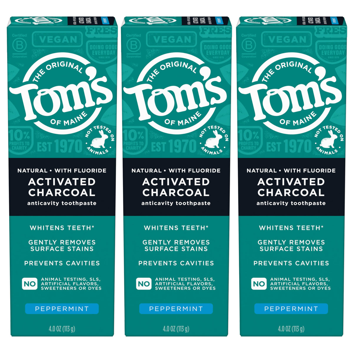 Front view of Tom's of Maine Activated Charcoal toothpaste 4.7 oz 3-pack in peppermint flavor